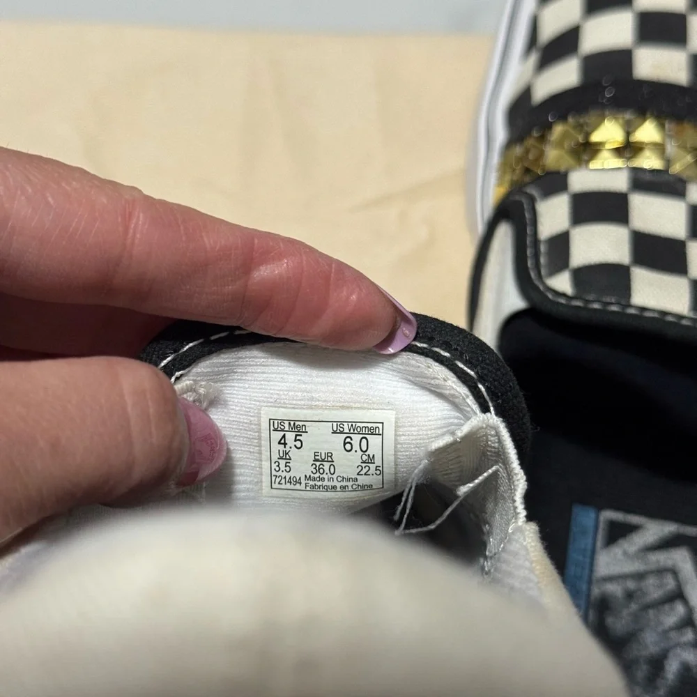 Vans Black and White Checkered Slip-Ons with Red Heart and Gold Studs - Picture 6 of 8